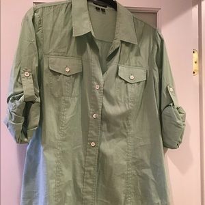 Theory green and white stripped shirt
